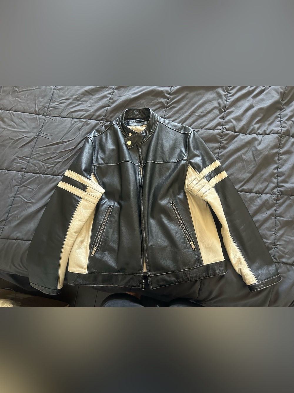 Wilsons Leather Black and White Men's Racing-Style Bomber Jacket